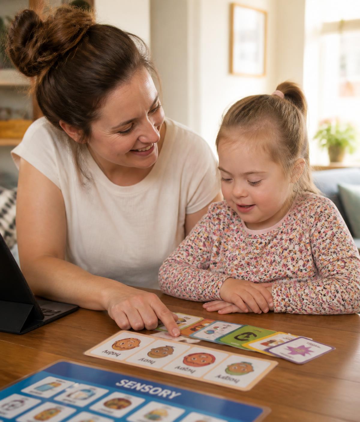 A caregiver and a child using communication and sensory cards together at a kitchen table