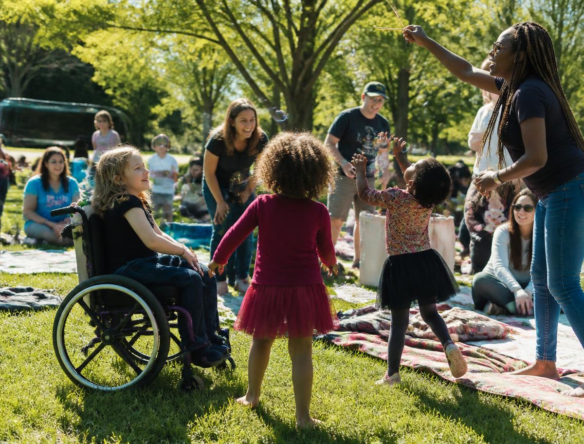 Children and adults, including a child using a wheelchair, playing together at an outdoor community gathering