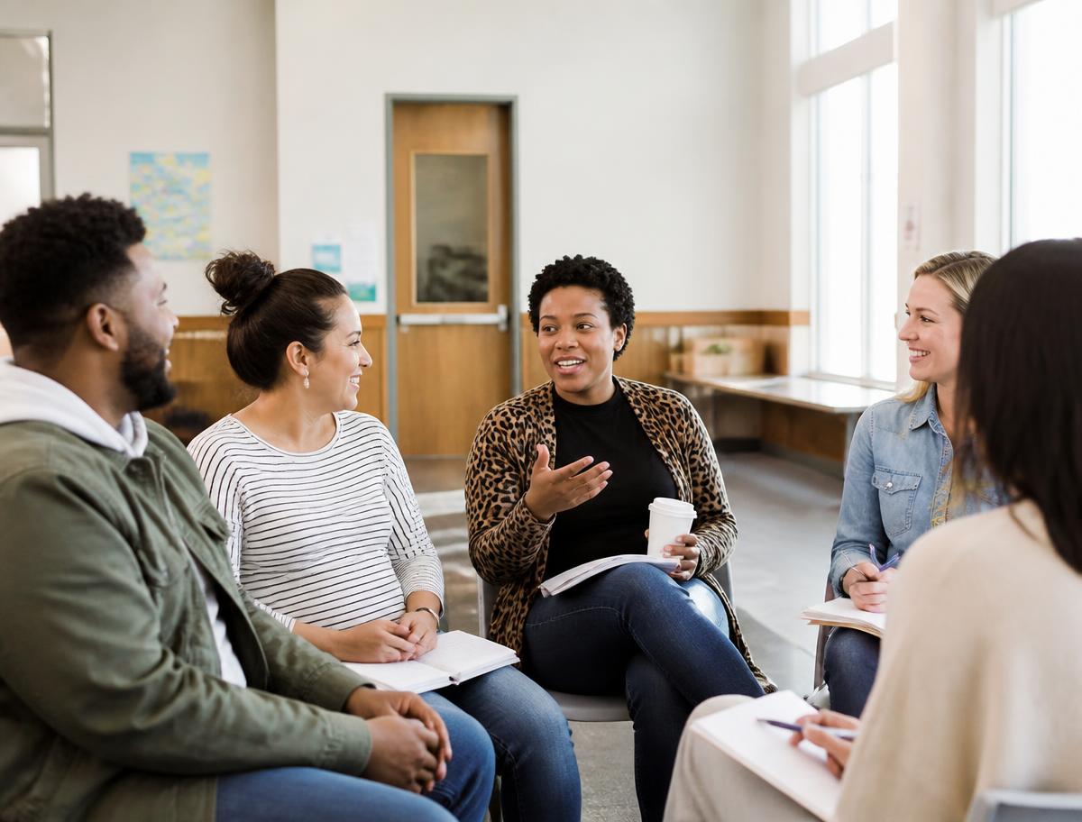 A small group of parents and caregivers talking together in a bright community workshop