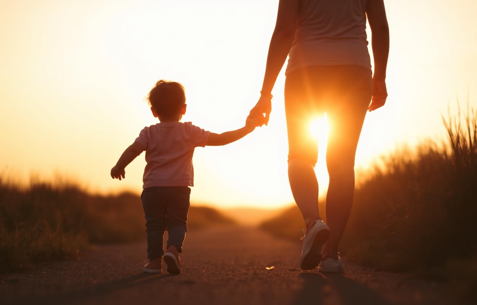A parent and child holding hands while walking together at golden hour